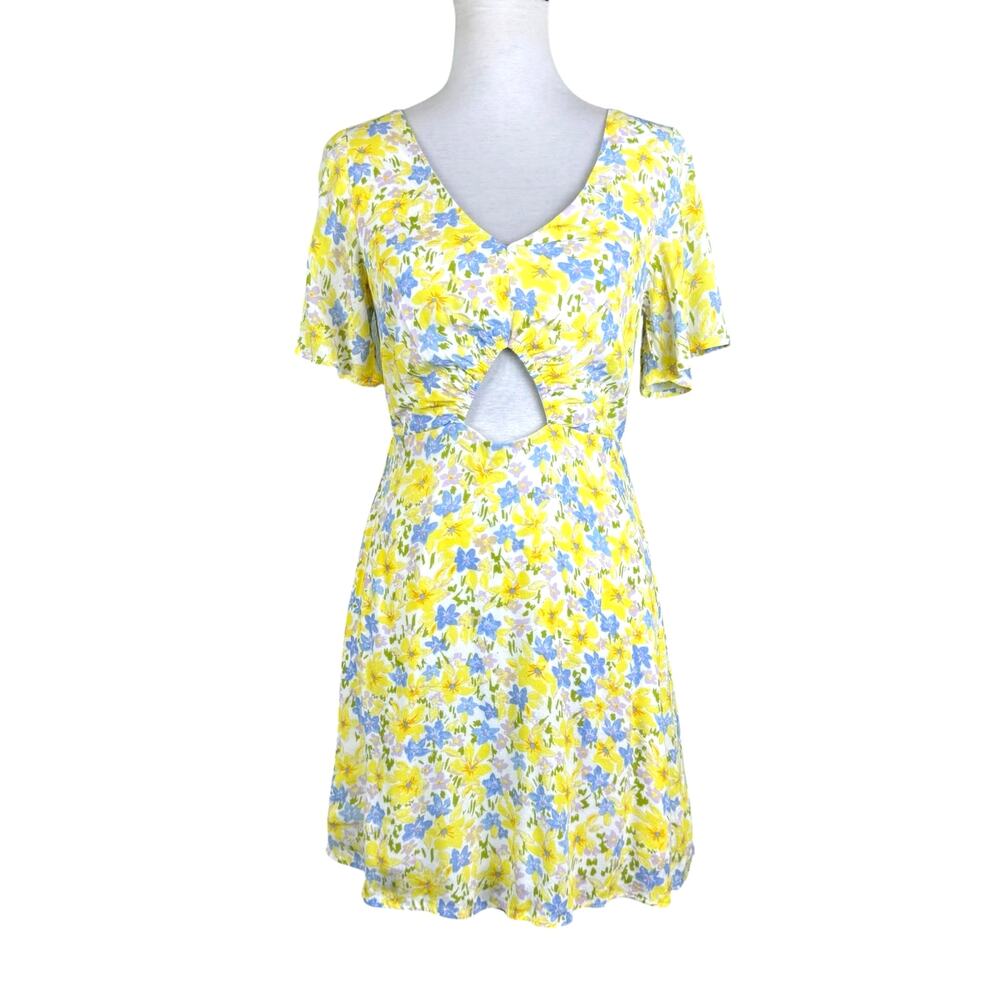 GB Gianni Bini Bright Yellow Floral Keyhole Cut Out Mini Fit & Flare Dress